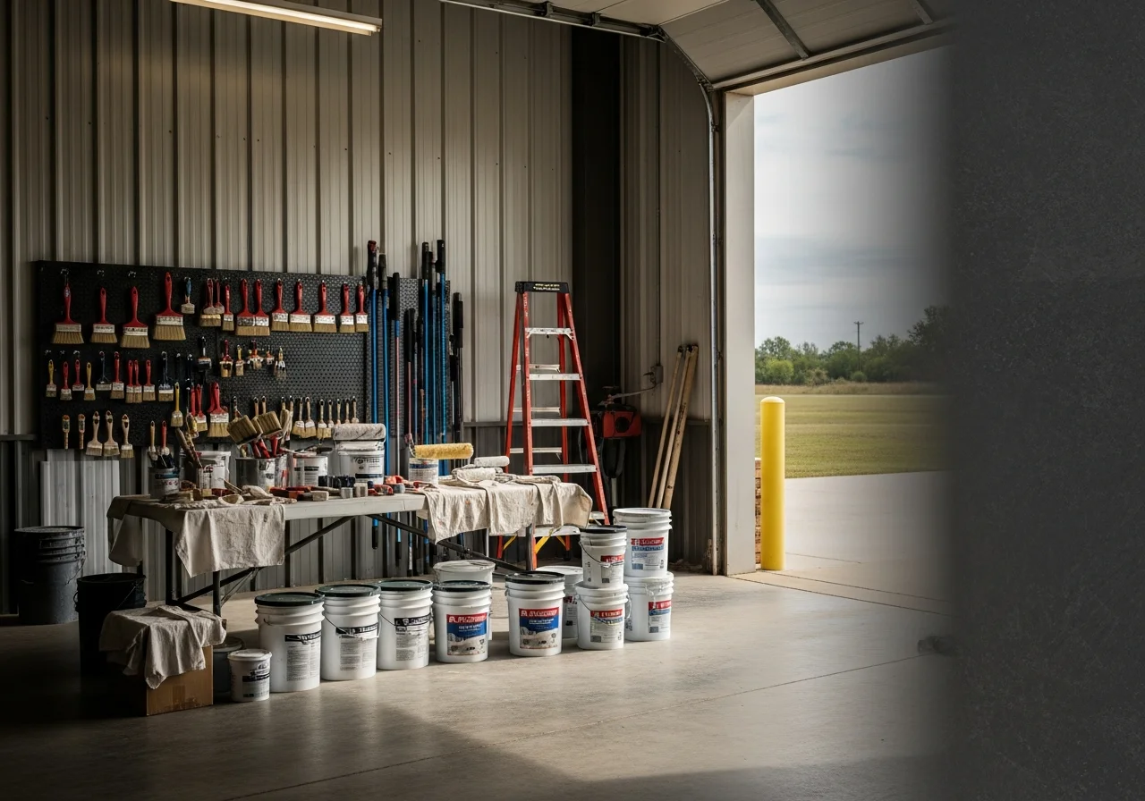 Professional painting crew with brushes, rollers, and equipment ready for interior and exterior projects.