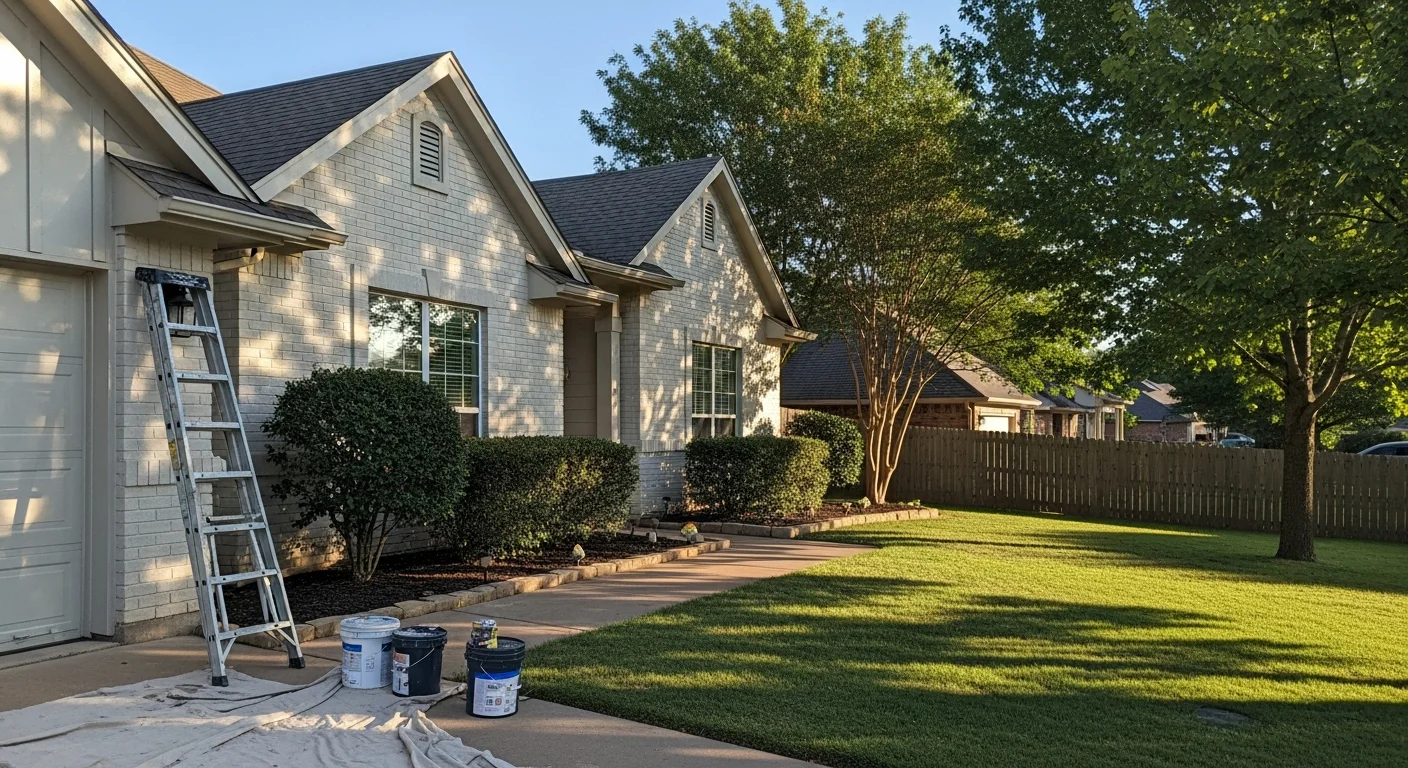 Modern suburban Broken Arrow home with landscaping and clear blue sky.