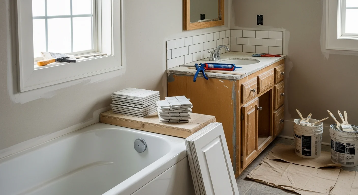 Remodeled bathroom interior in a Broken Arrow, Oklahoma home showing new tile shower walls, updated vanity, and fresh painted finish. Work completed by A to Z Painting LLC serving Tulsa County homeowners.