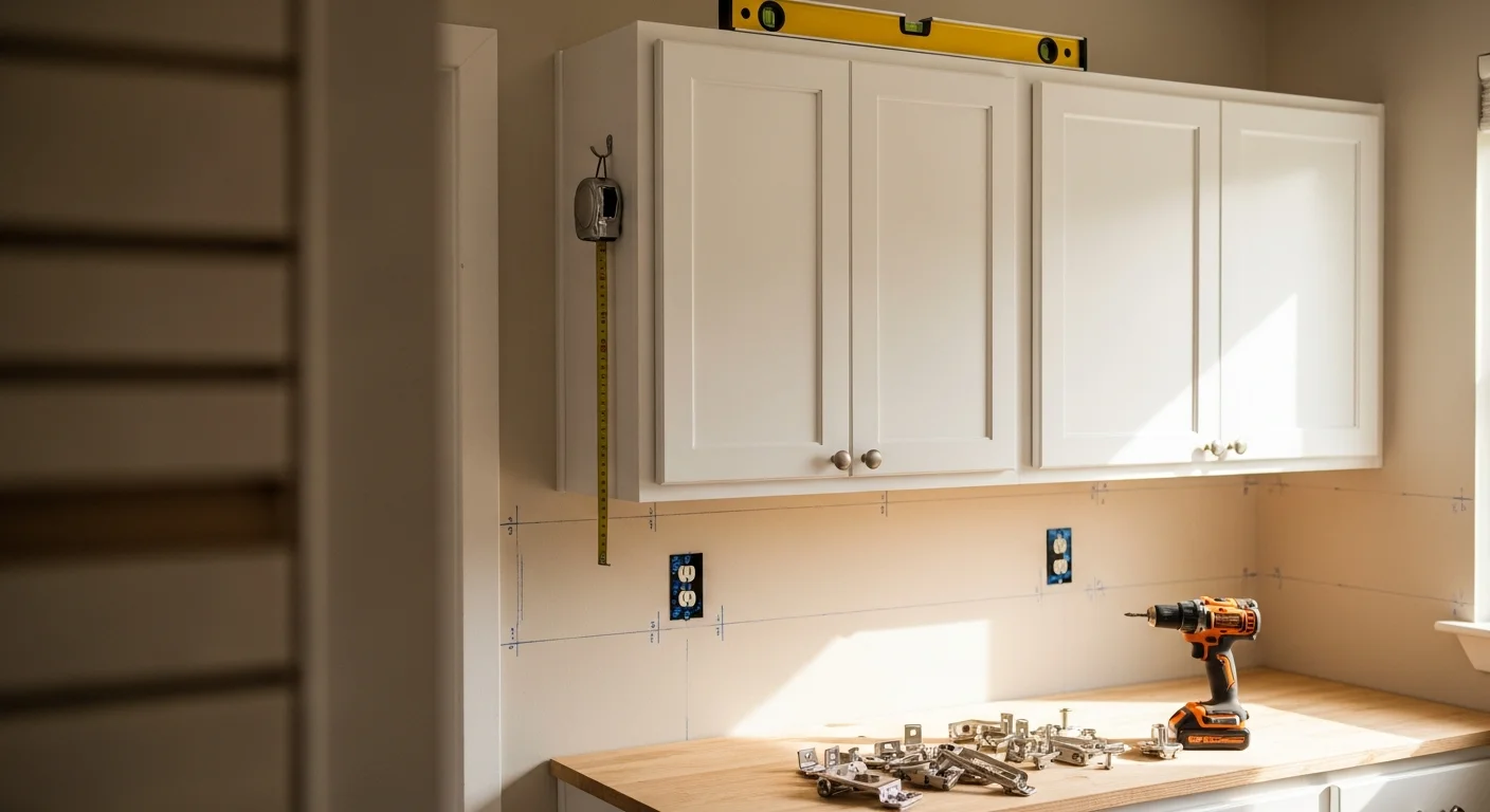Newly installed wood-finish kitchen cabinets with aligned doors and hardware in a Broken Arrow, Oklahoma home. Upper and lower cabinet rows are level and secured, with open wall space ready for countertop installation.