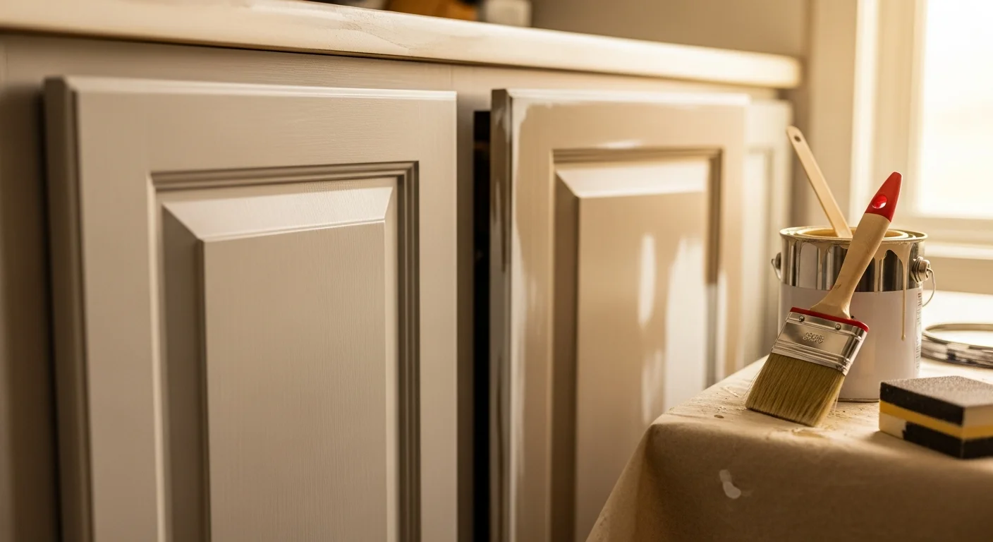 Freshly painted white kitchen cabinets in a Broken Arrow, Oklahoma ranch-style home, with clean brush lines and a smooth matte finish on wood cabinet doors and drawer fronts.