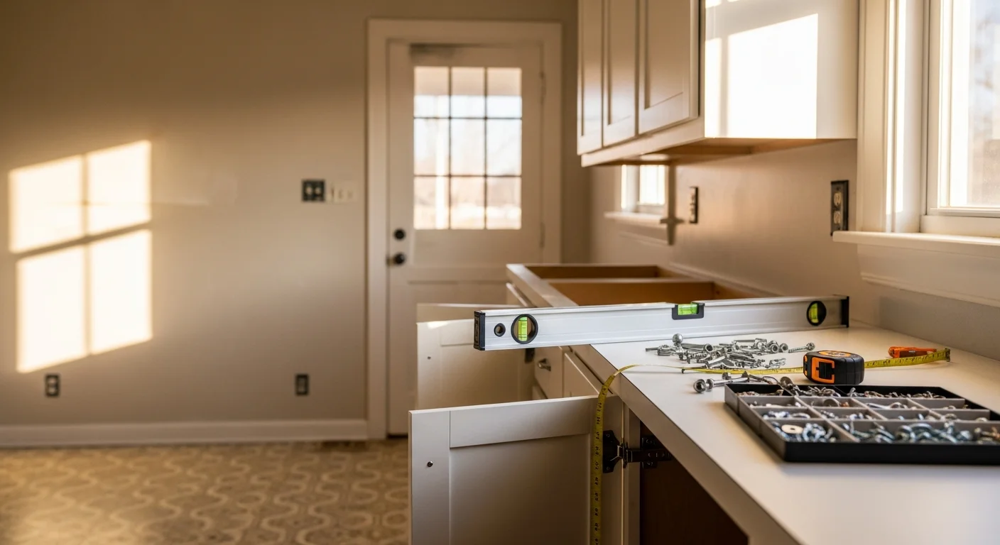 Newly installed white kitchen cabinets with clean lines in a Broken Arrow, Oklahoma home. The updated cabinetry replaces original mid-century units, showing a finished remodeling result by A to Z Painting LLC.