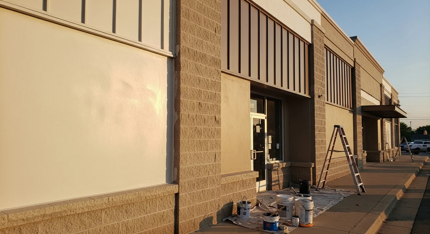 A commercial building exterior in Broken Arrow, Oklahoma with freshly applied finish coats on masonry and metal panel surfaces. The storefront facade shows clean, even color with no peeling or weather staining visible.
