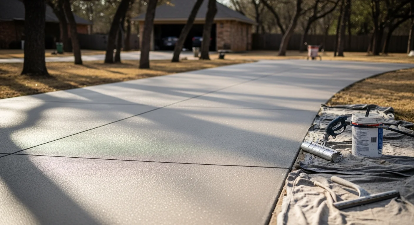 A freshly finished concrete driveway at a single-family home in Broken Arrow, Oklahoma, showing a smooth broom-textured surface with clean edges. The slab connects to an attached garage on a residential street typical of established Broken Arrow neighborhoods.