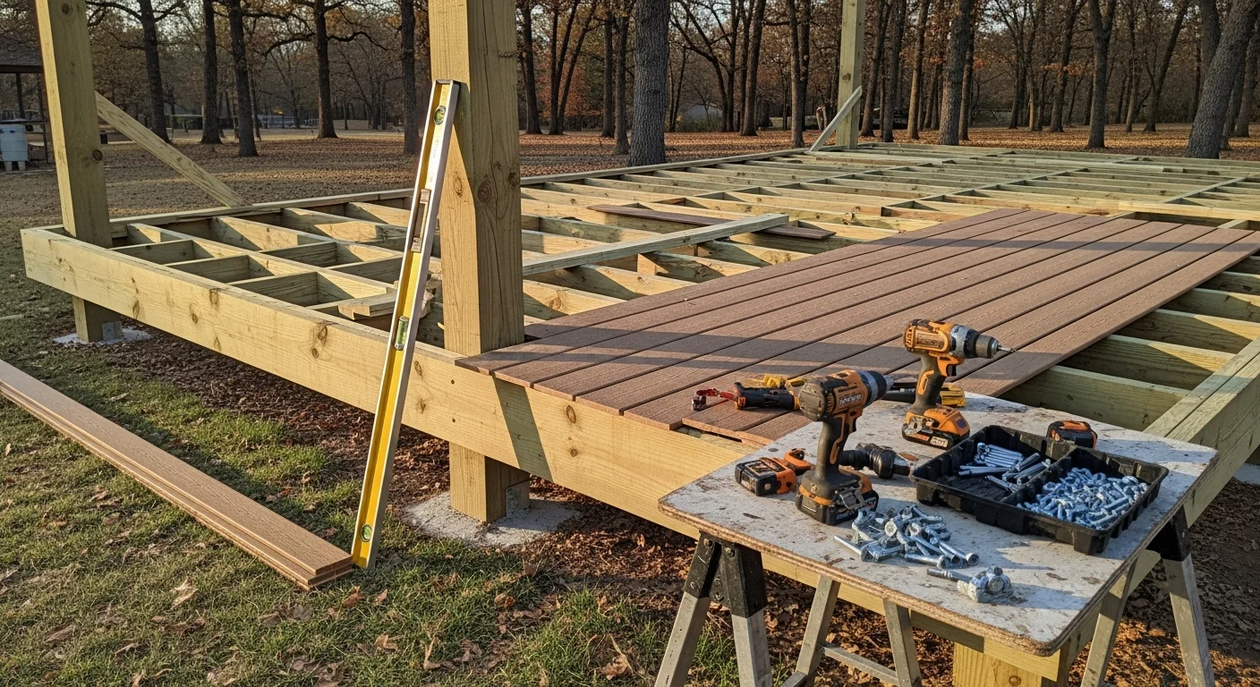 A newly built wood deck attached to the back of a single-family home in Broken Arrow, Oklahoma. The deck shows clean framing, level decking boards, and a railed perimeter suited to the home's exterior.