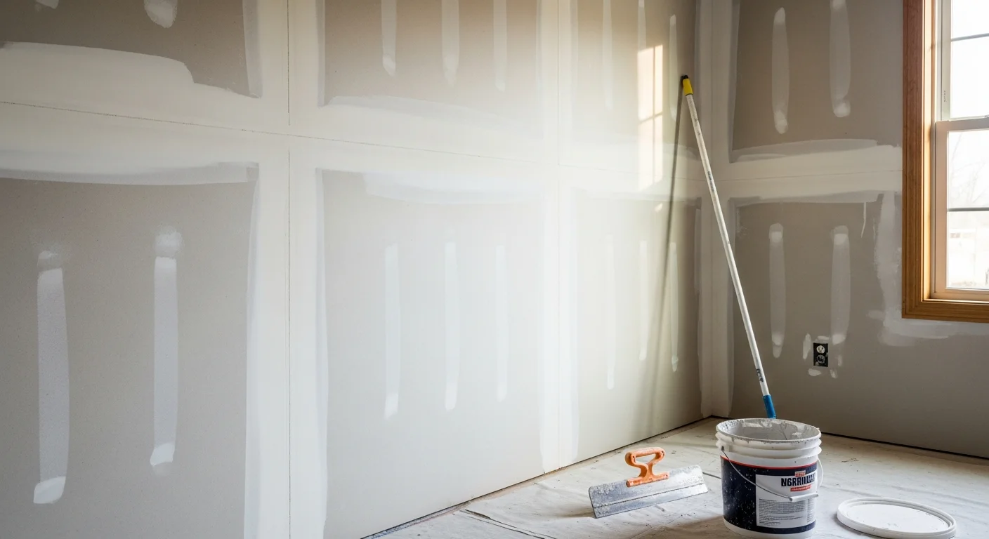 Freshly finished drywall walls in a Broken Arrow, OK home interior showing smooth, seam-free surfaces ready for primer and paint. Close view of a taped and sanded corner joint with no visible tool marks or compound ridges.