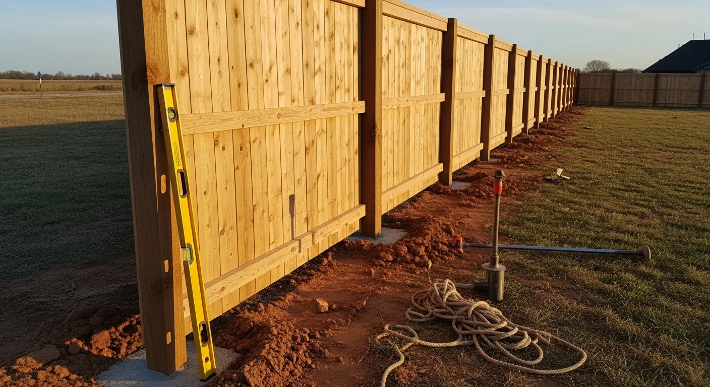 A newly installed wood privacy fence along the backyard of a single-family home in Broken Arrow, Oklahoma. The fence panels are evenly set with straight posts on a residential lot under a clear Oklahoma sky.