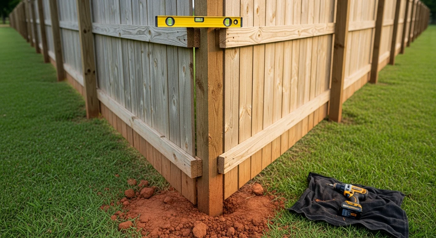 A repaired wooden fence with reset posts and replaced panels at a single-family home in Broken Arrow, Oklahoma. The fence line is level and straight against a residential backyard.