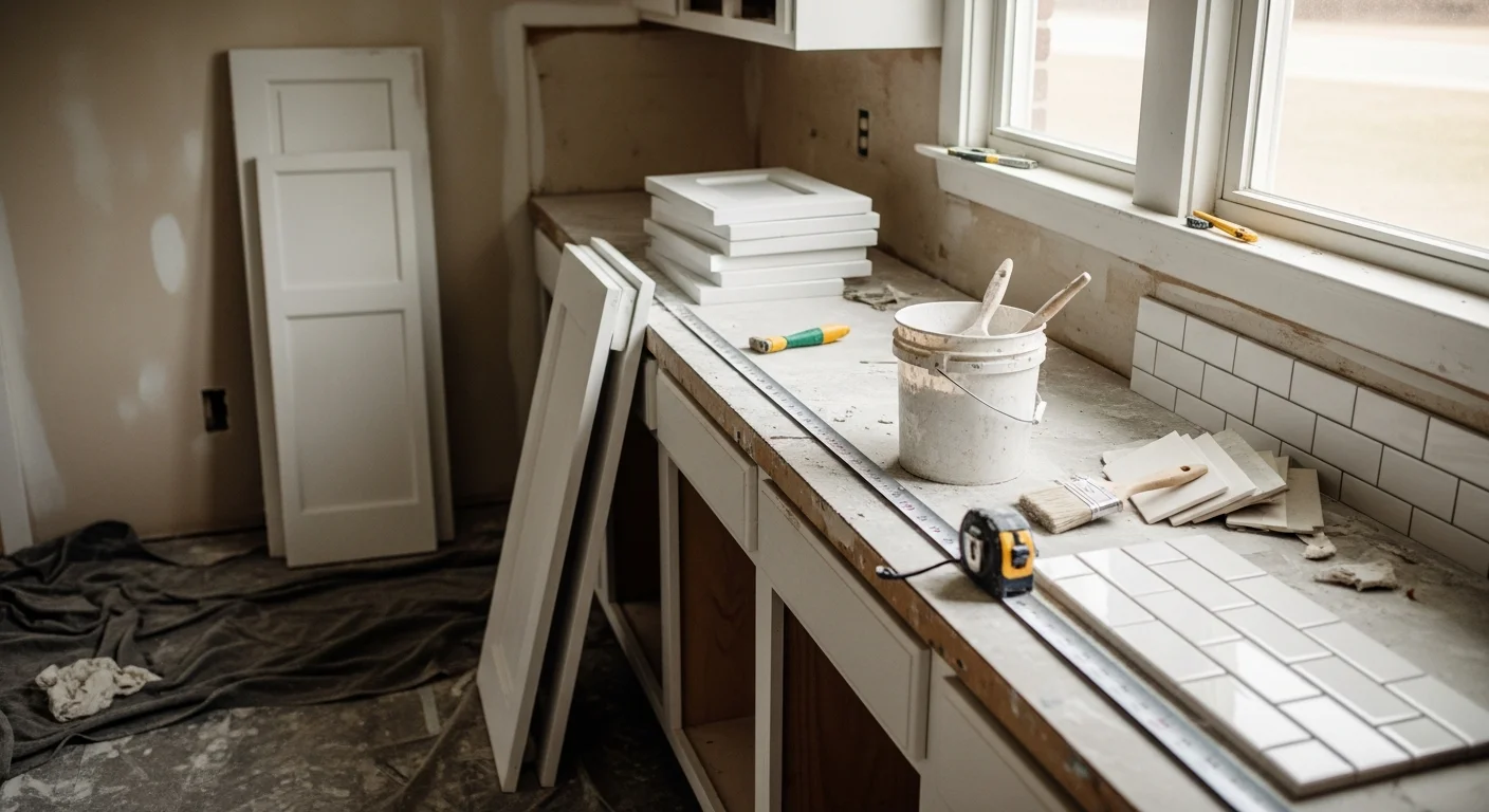 A remodeled kitchen inside a single-family home in Broken Arrow, Oklahoma, showing updated cabinet finishes, fresh wall color, and new flooring. The space reflects a clean, functional layout typical of renovated mid-century and 1990s-era Broken Arrow homes.