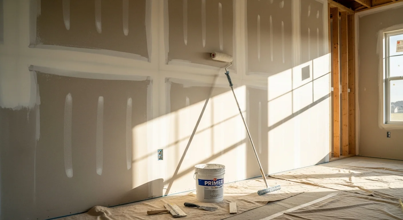 Freshly painted interior of a new construction home in Broken Arrow, Oklahoma, showing smooth white walls, painted trim, and clean finish work on bare drywall. Exterior view of a newly built home in Broken Arrow with a completed paint finish on siding and trim ready for move-in.