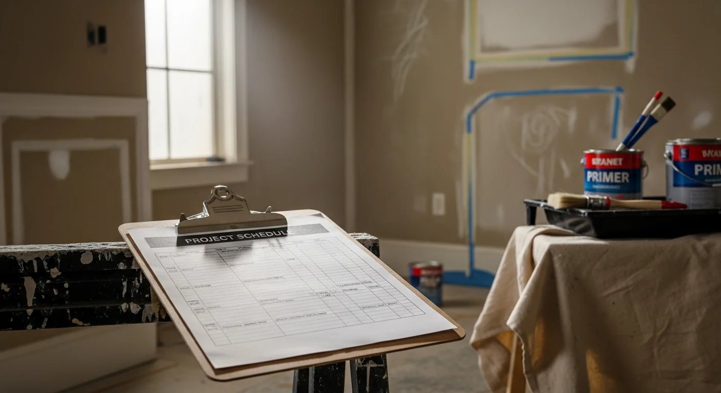 A project coordinator reviewing work progress on a residential property in Broken Arrow, Oklahoma, with multiple trade tasks visible across the exterior. The home reflects the mixed-era housing common in Tulsa County, with prep and finish work staged in sequence.