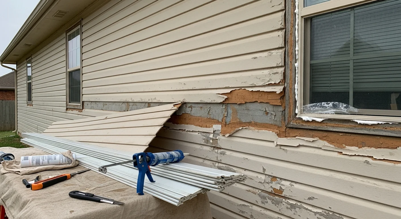 Close-up of a Broken Arrow, Oklahoma home exterior showing freshly repaired vinyl siding panels with sealed seams and no visible cracking or storm damage. The repaired section blends with the surrounding wall on a single-story residential home.